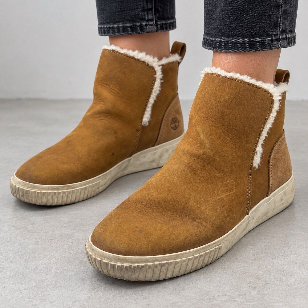 8.5 Tag Timberland Skyla Bay Tan Faux Fur Lined Suede Ankle Boots Pull On Womens